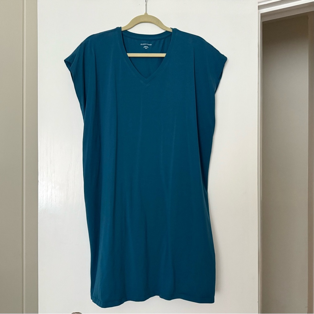 Eileen Fisher Teal V-Neck T-Shirt Dress